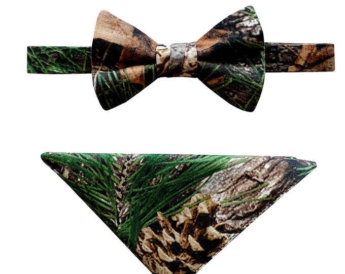 Handmade Pre-tied Bow Tie and Pocket  Square Set - Brown Timber and Pine Camouflage Pattern - Mens to Baby Sizing - Crafted in the USA