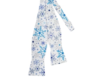 Self-tie Bow Tie - Snowflake White, Blue  and Silver Metallic Design - Mens and Boys Sizing - Crafted in the USA