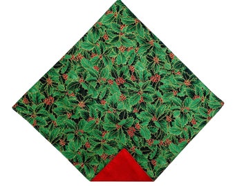 Handmade Pocket Square -  Green and Red Christmas Holly Berries Holiday Handkerchief - Adult Men's and Boys Sizing - Crafted in the USA