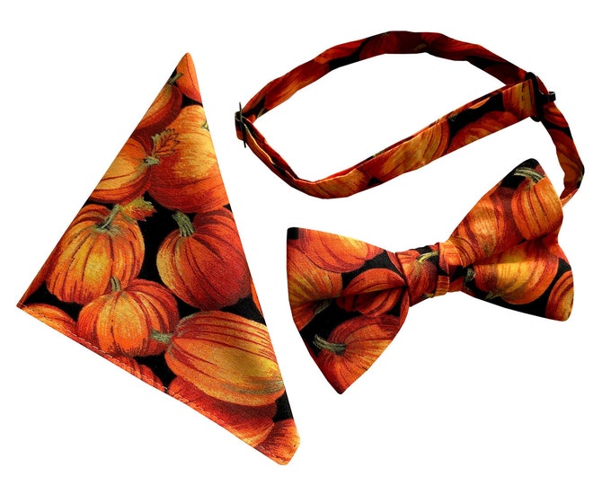 Handmade Pre-tied Bow Tie and Pocket Handkerchief Set - Fall Harvest Autumn Pumpkins - Adult Men's to Baby Sizing - Crafted in the USA