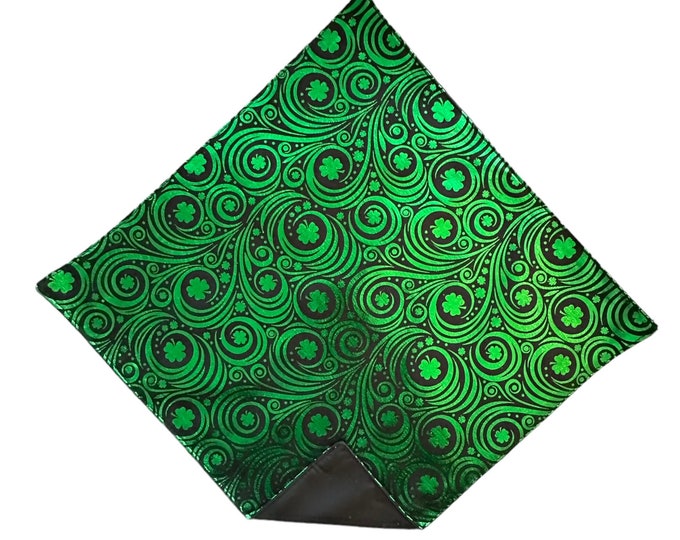 St. Patrick's Handkerchief - Black with Green Foil Shamrocks and Swirls Pocket Square - Adult Sizing - Handcrafted in the USA