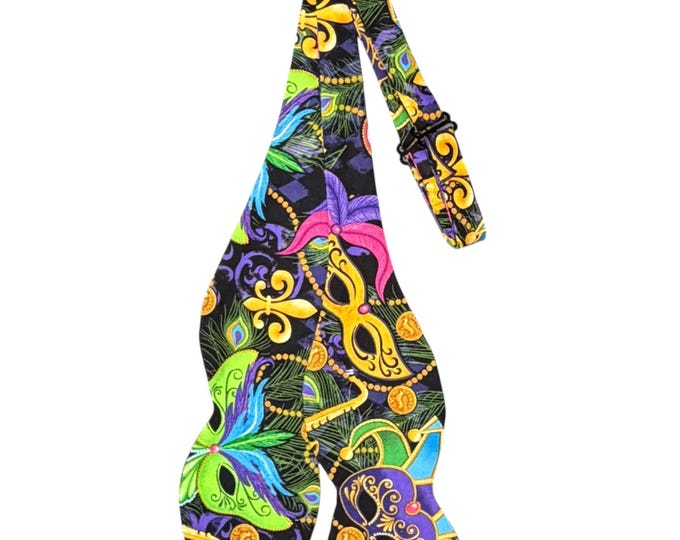 Mardi Gras Self-Tie Bow Tie - Masquerade Mask & Fleur Des Lis - Cotton - Adult Men's Sizing