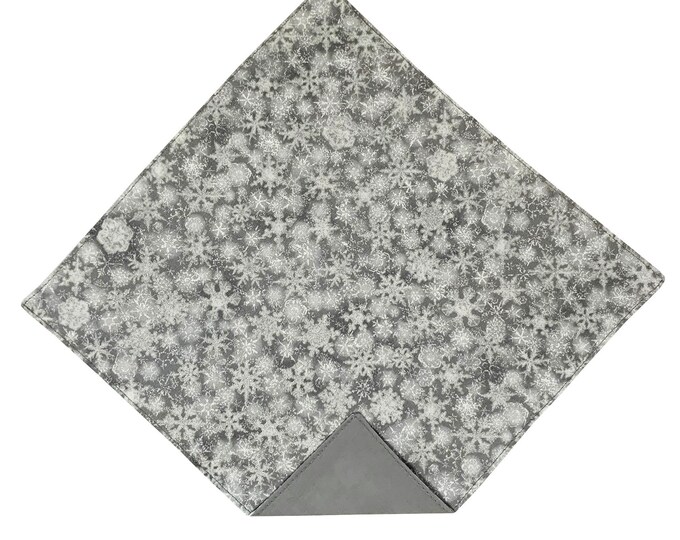 Holiday Handkerchief - Silver Grey Snowflakes with Iridescent Sparkle Pocket Square - Adult Men's and Boys Sizing - Handcrafted in the USA