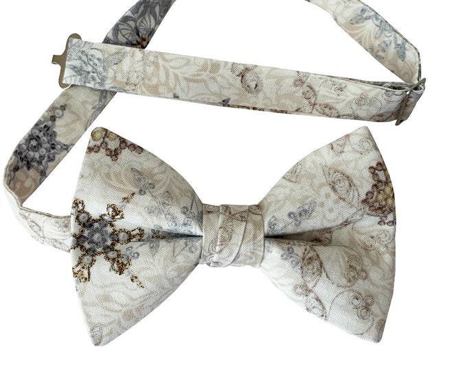 Handmade Pre-tied Bow Tie - Champagne and Silver Metallic Snowflakes - Cotton Bow Tie - Adult Men's and Kids Sizing - Crafted in the USA