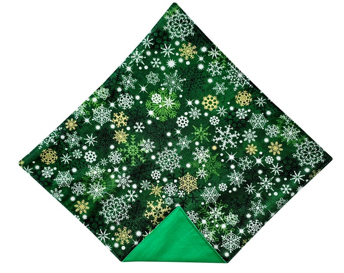 Handmade Pocket Square - Christmas Green and Gold Snowflake Holiday Handkerchief - Adult Mens and Boys Sizing - Crafted in the USA