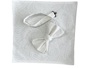 Boys Bow Tie and Pocket Square Set - White on White Paisley Cotton for First Holy Communion - Boys and Youth Sizing - Handcrafted in the USA