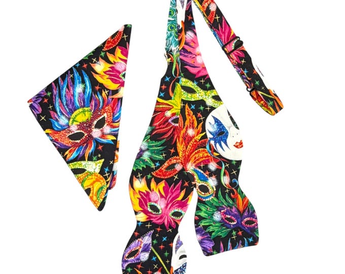 Mardi Gras Self-tie Bow Tie & Pocket Square Set – Handcrafted Cotton