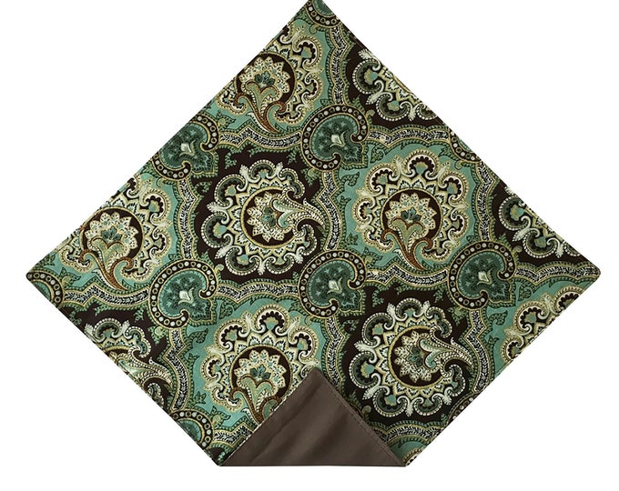 Handkerchief Pocket Square - Vintage Light Teal & Brown Paisley - Adult Men's to Baby Sizing - Handcrafted in the USA