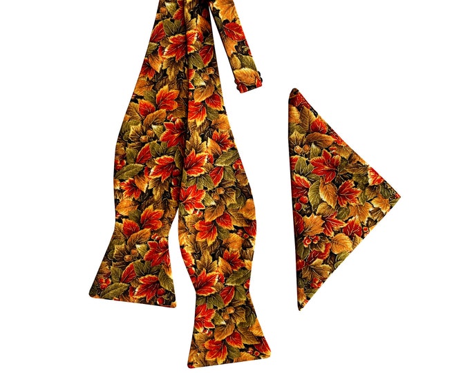 Handmade Self-tie Bow Tie and Pocket Square Set - Colorful Harvest Autumn Leaves Design - Adult Men's and Boys Sizing - Crafted in the USA