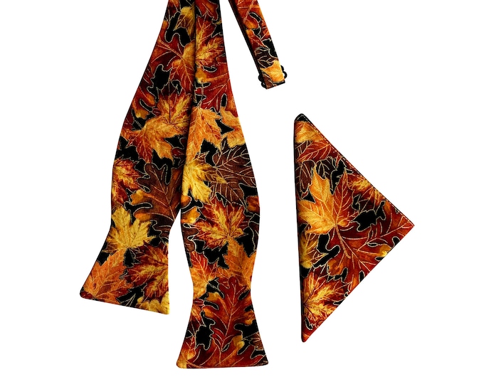 Handmade Self-tie Bow Tie and Pocket Square Set - Colorful Harvest Autumn Leaves Design - Adult Men's and Boys Sizing - Crafted in the USA