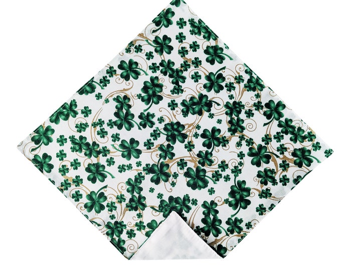 Shamrock Handkerchief - White with Green and Metallic Gold St. Patrick's Celebration Pocket Square - Adult Men's Sizing