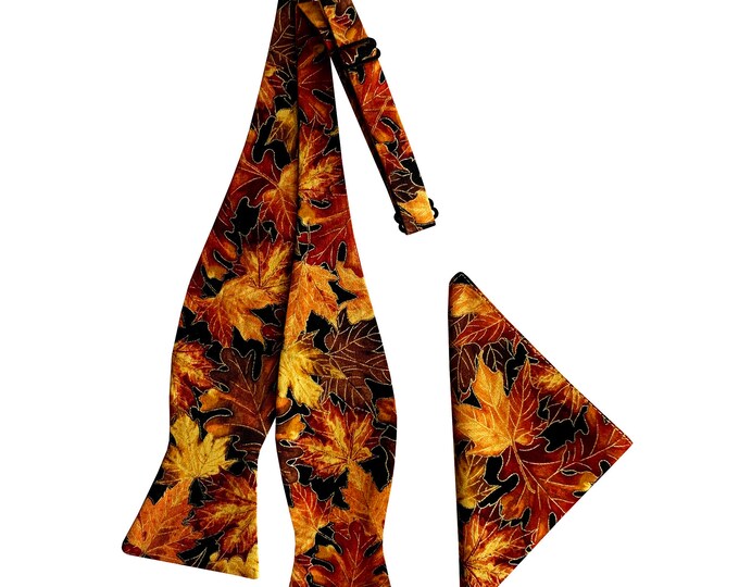 Handmade Autumn Leaves Bow Tie & Pocket Square Set: Metallic Gold Cotton