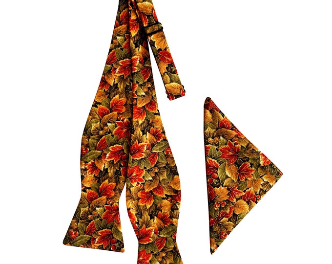 Handmade Autumn Leaves Bow Tie & Pocket Square Set: Metallic Gold Cotton