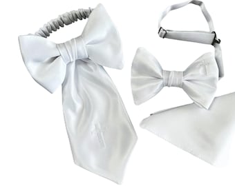 Boys Bow Tie, Pocket Square and Armband Set - White Satin with Religious Cross - First Holy Communion - Boys Sizing - Crafted in the USA