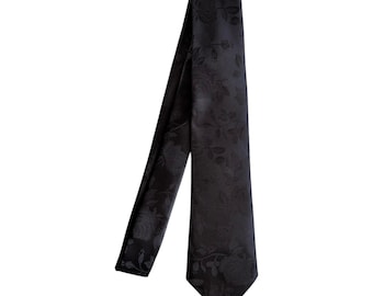 Self-tie Necktie - Black on Black Roses - Satin Brocade - Adult Mens Sizing - Handcrafted in the USA