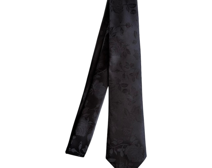 Self-tie Necktie - Black on Black Roses - Satin Brocade - Adult Mens Sizing - Handcrafted in the USA