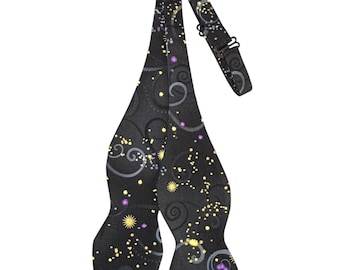 Handmade Black Bow Tie: Purple, Gold Swirl Stars - Holiday Cotton