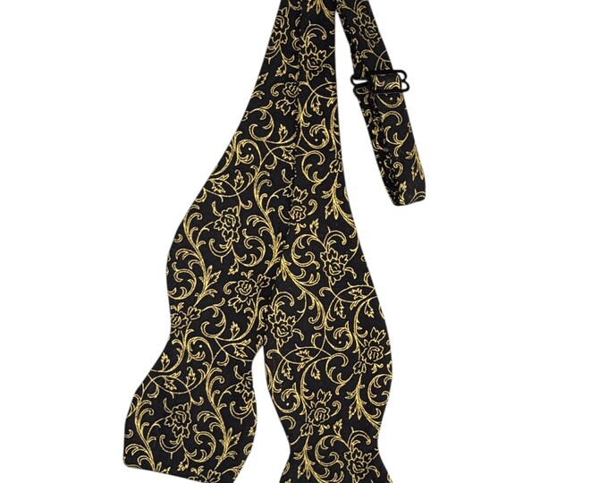 Self-tie Bow Tie: Black & Gold Floral Wedding and Prom, Holiday Design