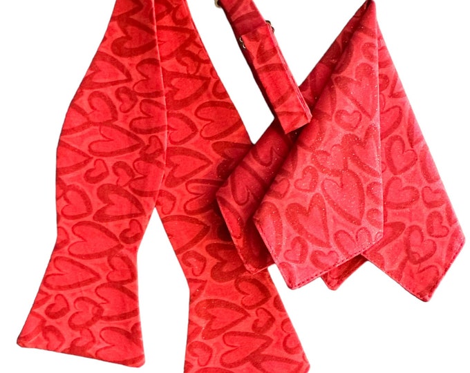 Handmade Self-tie Bow Tie and Pocket Square Set - Valentine Sweetheart Red Scattered Hearts - Adult Men's Sizing - Crafted in the USA