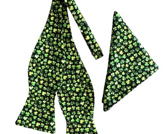 Handmade St. Patrick's Day Bow Tie and Pocket Square Set – Shamrock Cotton