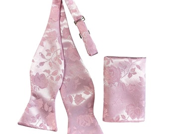 Self-tie Adjustable Bow Tie and Pocket Square Set - Pink Embossed  Rose Satin Brocade - Adult Mens Sizing - Crafted in the USA
