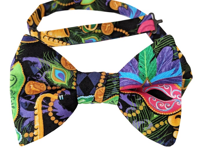 Mardi Gras Pre-tied Bow Tie - Multi Colored Masquerade Mask & Fleur Des Lis  Celebration - Men's and Boys Sizing - Crafted in the USA