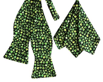 Handmade St. Patrick's Day Bow Tie and Pocket Square Set – Shamrock Cotton