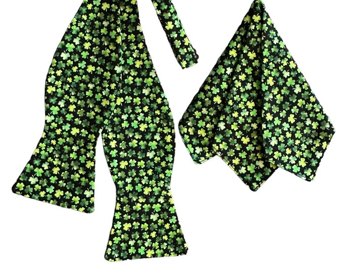 Handmade Self-tie Bow Tie and Pocket Square Set - St. Patrick's Day Shades of Green Shamrocks - Adult Men's Sizing - Crafted in the USA