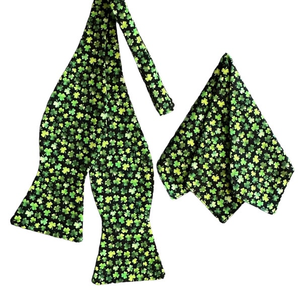 Handmade Self-tie Bow Tie and Pocket Square Set - St. Patrick's Day Shades of Green Shamrocks - Adult Men's Sizing - Crafted in the USA