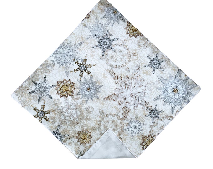 Holiday Handkerchief - Champagne and Silver Metallic Snowflakes Pocket Square - Adult Men's and Boys Sizing - Handcrafted in the USA