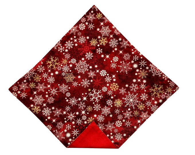 Handmade Pocket Square - Red with White and Gold Snowflake Holiday Handkerchief - Adult Mens and Boys Sizing - Crafted in the USA