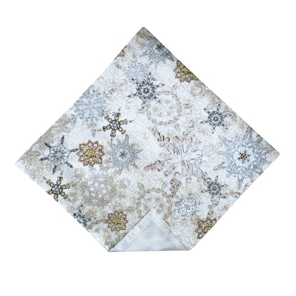 Holiday Handkerchief - Champagne and Silver Metallic Snowflakes Pocket Square - Adult Men's and Boys Sizing - Handcrafted in the USA