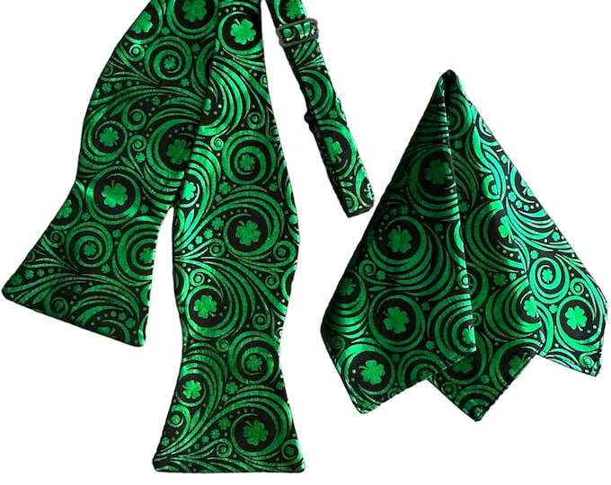 Handmade Self-tie Bow Tie and Pocket Square Set - Green Foil Shamrocks and Swirls on Black - Adult Men's Sizing - Crafted in the USA