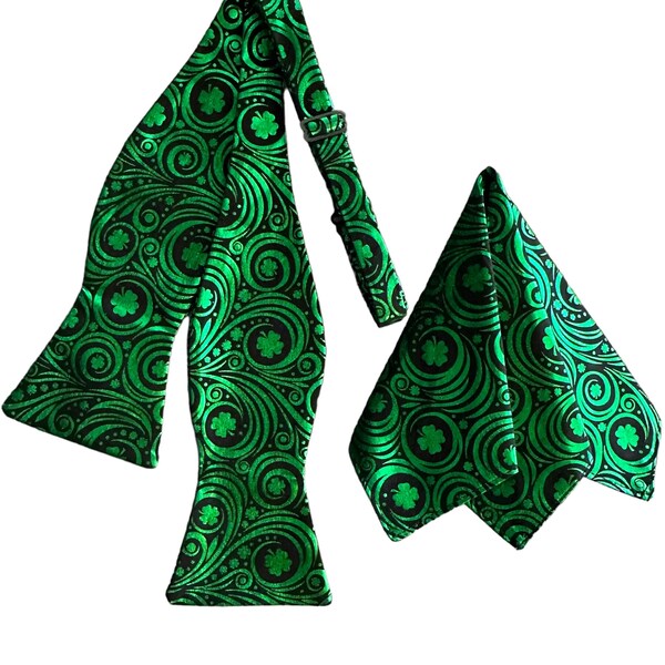 Handmade Self-tie Bow Tie and Pocket Square Set - Green Foil Shamrocks and Swirls on Black - Adult Men's Sizing - Crafted in the USA