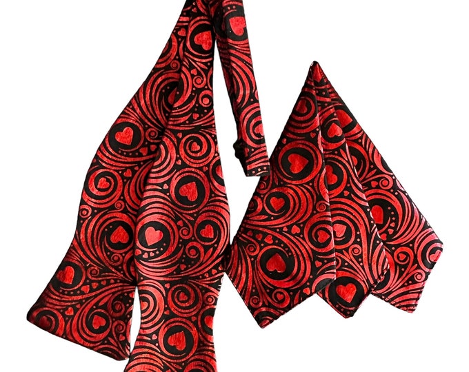 Handmade Valentine Bow Tie & Pocket Square Set - Red Foil Hearts