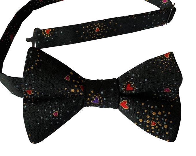 Valentine's Day Pre-tied Bow Tie - Sweetheart Tiny Heart with Gold Metallic Design - Men's and Boys Sizing - Crafted in the USA