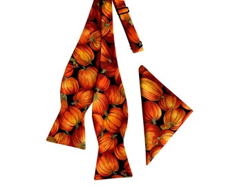 Handmade Self-tie Bow Tie and Pocket Square Set - Colorful Harvest Autumn Pumpkins Design - Adult Men's and Boys Sizing - Crafted in the USA