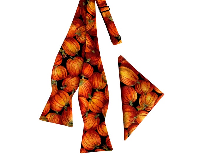 Handmade Self-tie Bow Tie and Pocket Square Set - Colorful Harvest Autumn Pumpkins Design - Adult Men's and Boys Sizing - Crafted in the USA