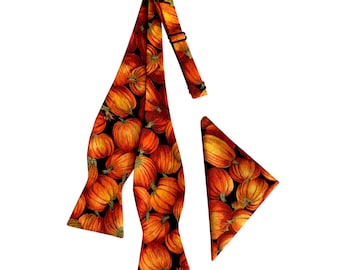 Handmade Pumpkin Bow Tie & Pocket Square Set: Autumn Harvest Cotton