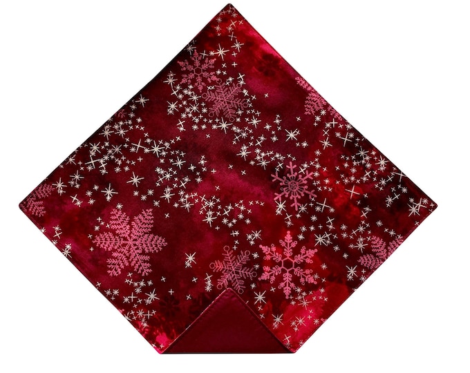 Handmade Pocket Square - Plum Berry Snowflakes and Silver Metallic Stars Holiday Handkerchief - Mens and Boys Sizing - Crafted in the USA