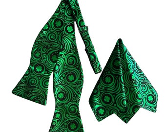Handmade St. Patrick's Day Bow Tie & Pocket Square Set – Green Shamrocks