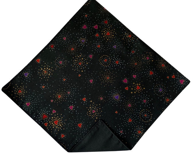 Valentine Pocket Square - Black with Red, Pink, Purple Hearts Handkerchief - Adult Sizing - Handcrafted in the USA