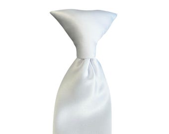 Boy’s Clip-on Necktie - Solid White Satin for Communion, Christening and Baptism - Toddler and Boys Sizing - Handcrafted in the USA
