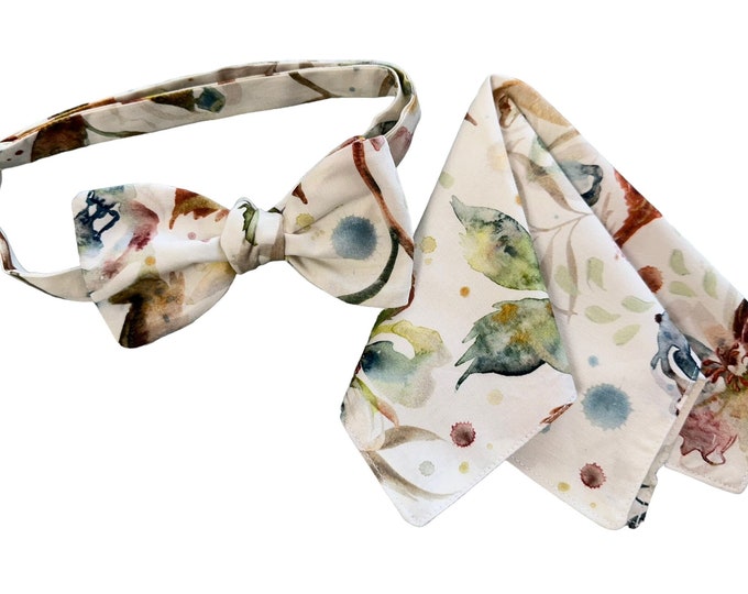 Handmade Pretied Bow Tie and Pocket Square Set - Vintage Multi-Colored Floral Medley - Adult Men's Sizing - Crafted in the USA