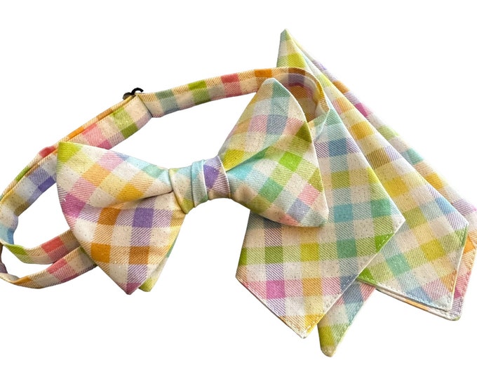 Easter Pretied Bow Tie & Pocket Square Set - Pastel Spring Water Color Egg Celebration - Adult Men's and Boys Sizing - Crafted in the USA