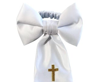 Boy's First Holy Communion Armband - White Satin with Embroidered Religious Cross - Boys Sizing - Handcrafted in the USA