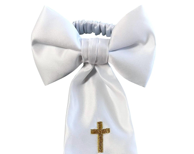 Boy's First Holy Communion Armband - White Satin with Embroidered Religious Cross - Boys Sizing - Handcrafted in the USA