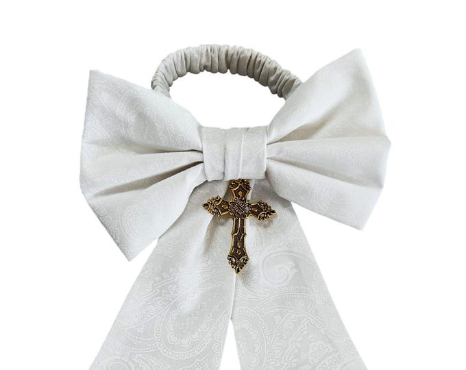 Boys First Holy Communion Armband - Religious Gold or Silver Cross Charm - White Paisley Cotton Print - Boys Sizing - Handcrafted in the USA