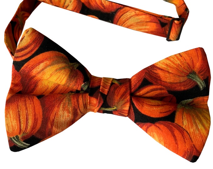 Handmade Pre-tied Bow Tie - Autumn Orange Pumpkin Patch Design - Cotton Bow Tie - Adult Men's Sizing - Crafted in the USA