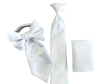 Boys White Communion Necktie Set, Embroidered Cross, Clip-On Tie